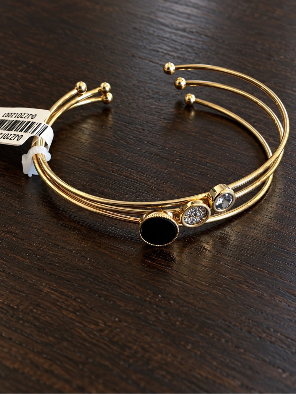 Set of 3 Gold-Tone Cuff Bracelets Black & Clear Crystal Accents